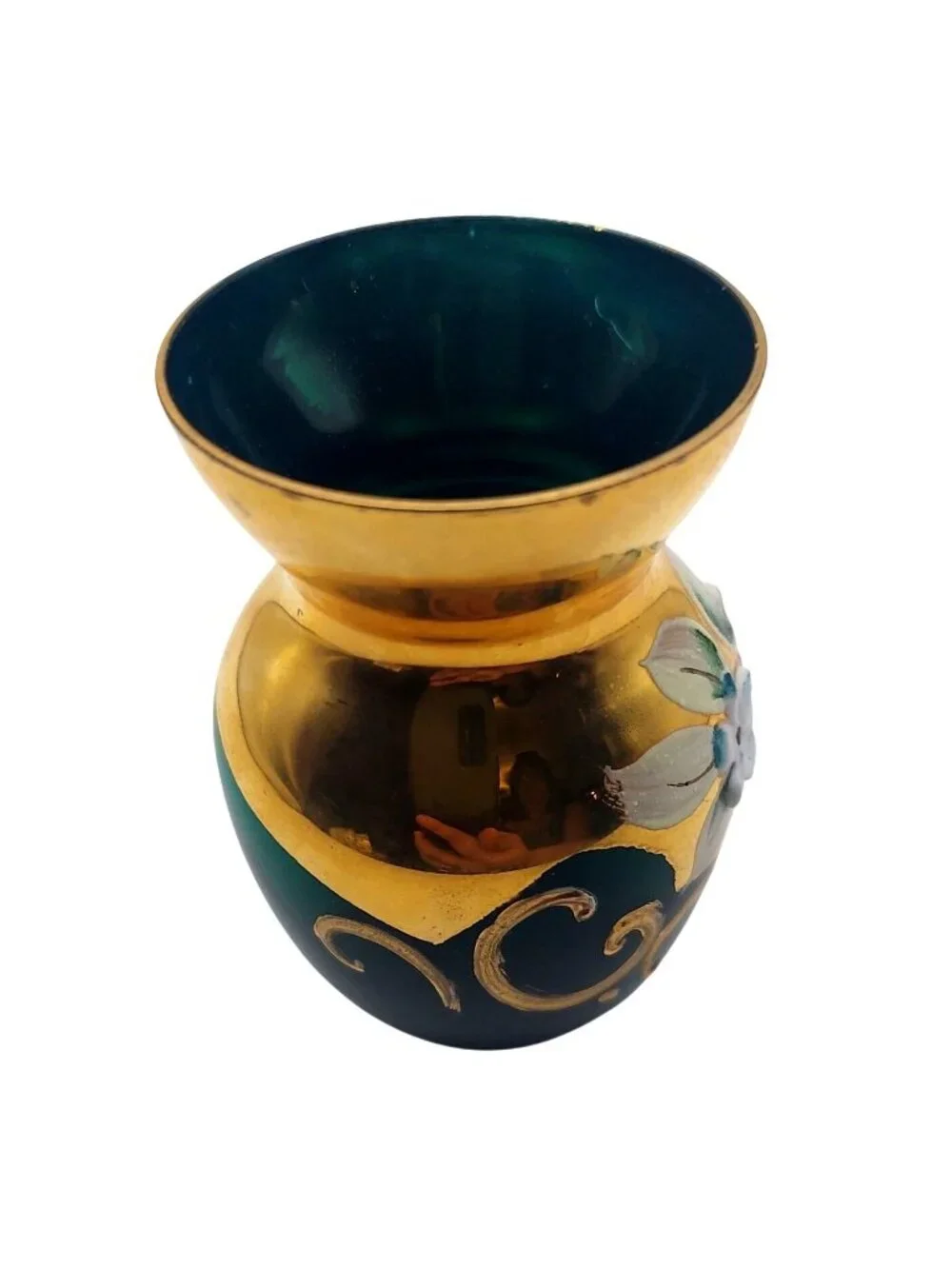 Czech Bohemian Glass Bud Vase Mini Hand Painted Green Floral Gold Trim Vintage